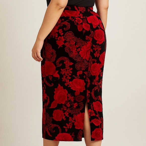 Lithie Lee Dresses & Skirts - Lithie Lee Woman Black Red Velvet Floral Midi Pencil Skirt 18W